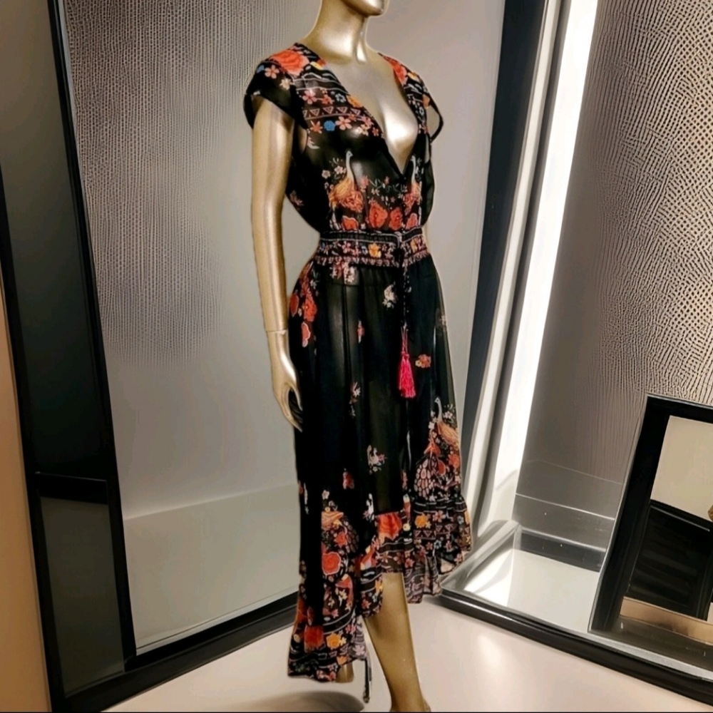 NWOT Floral Shirred Waist Tie Front Ruffle Hem Boho Sheer Dress Sz M - Picture 6 of 16